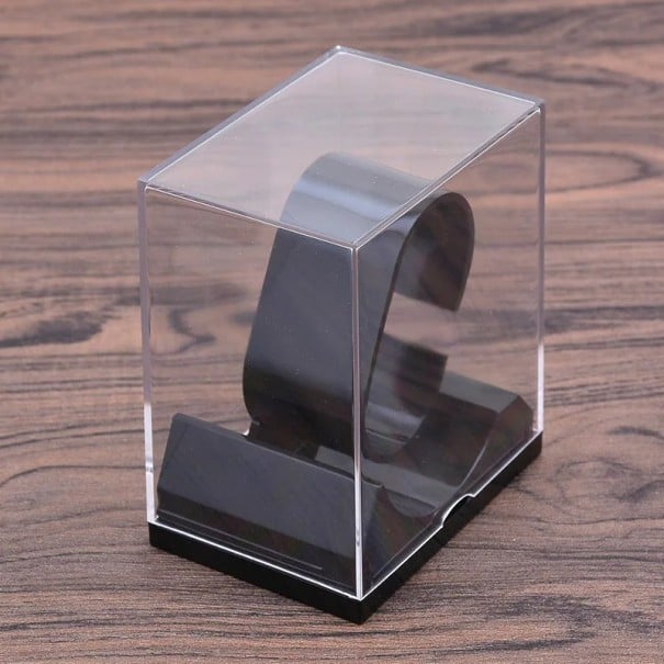 Plastlåda för klockor med genomskinligt lock ca 5,2 x 8,8 x 7,5 cm förvaring och ställning för klockor och smycken svart