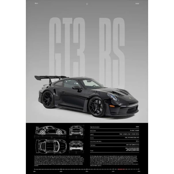 Affiche murale stylée GT3-RS voiture de luxe sportive 20 x 30 cm impression sur toile voiture noire sans cadre décoration intérieure 1