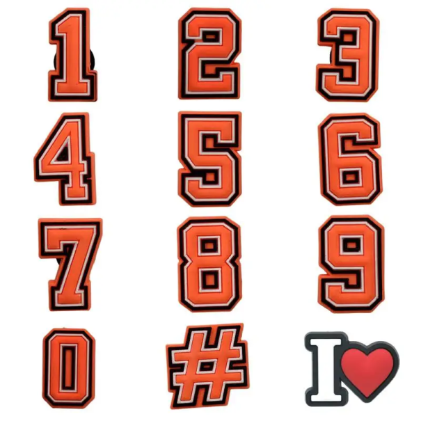 12 kpl PVC koristeellisia riipuksia Crocs-kengille numeroilla 0-9, symbolilla # Koristeet lasten ja aikuisten tossuille ja sandaaleille oranssi