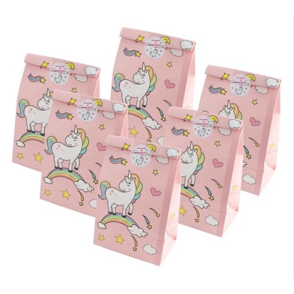 12 ks Růžové papírové sáčky 12 x 8 x 22 cm s motivem jednorožce Kraftové dárkové tašky na párty jídlo sušenky cukrovinky dětská oslava 1