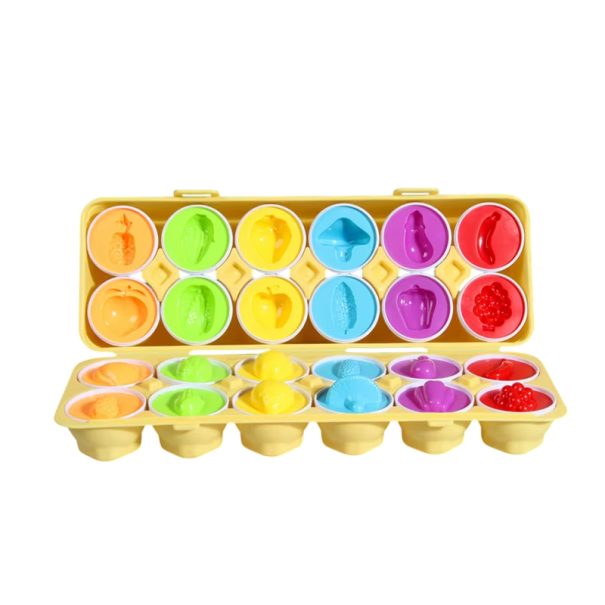 12 pièces œufs de tri sensoriels 4,5 x 5 cm Fruits et légumes dans une boîte Jouet éducatif pour enfants Reconnaissance des formes Motricité et coordination 3+ 1