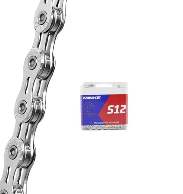 12 sebességes kerékpáros lánc TANKE S12-EL 1/2" x 11/128" 126 láncszem félig üreges gyorskapcsolóval MTB és országúti ezüst