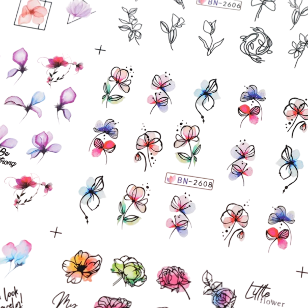 12 stk. inkoustmærkater til negle 16,5x25,5 cm Akvarel blomster katte sommerfugle graffiti blade vandoverførsler manicure 1