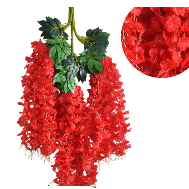 12 stuks Kunstmatige wisteria 110 cm Hangende decoratieve bloem Kunstmatige glicinia hangende bloemengirlande decoratie voor bruiloften, tuin, interieur rood