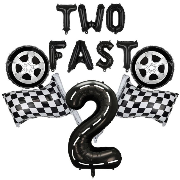12 sztuk Balonów foliowych Motyw wyścigowy Two Fast Numer 2 Opony i flagi wyścigowe Dekoracja na dziecięcą imprezę urodzinową 1