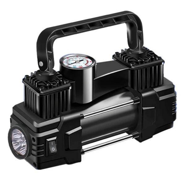 12 V:n rengaskompressori 150 PSI painemittarilla, LED-valolla, kaksoissylinteri, metallia ja ABS-muovia, 20 x 7 x 14 cm, kannettava pumppu 1