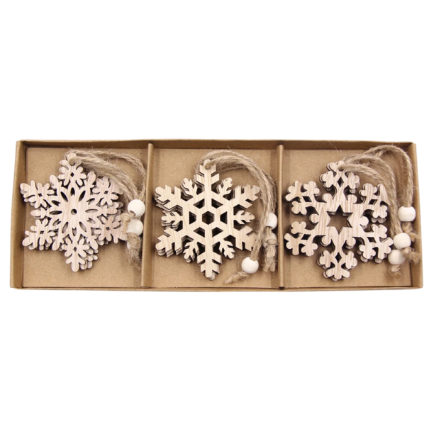 12 Wooden Hollow Snowflakes 3 Styles with String for Hanging 8.5 x 23.5 cm Christmas Decoration 1
