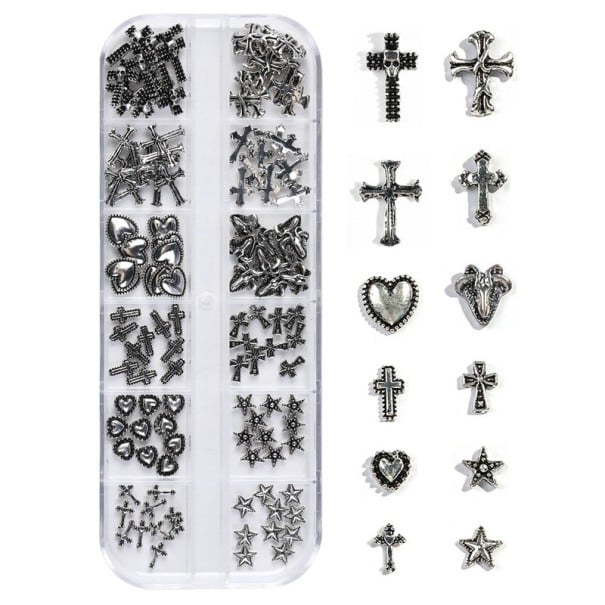 120 ks kovové ozdoby na nechty kríže srdcia hviezdy Európsko-americký tmavý vintage štýl Y2K Premium Metal Nail Art dekorácie krabička 1