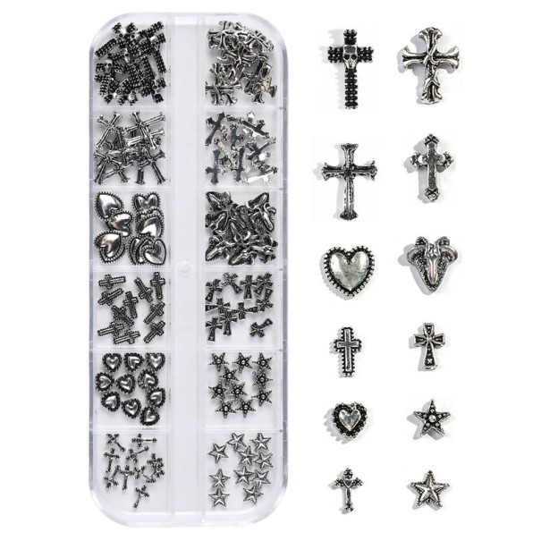 120 ks kovové ozdoby na nehty kříže srdce hvězdy Evropsko-americký tmavý vintage styl Y2K Premium Metal Nail Art dekorace krabička 1