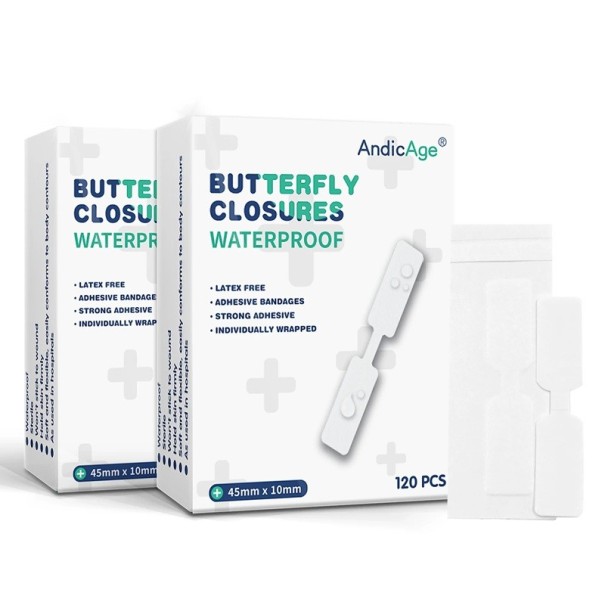 120 unid. Pequenos pensos impermeáveis com formato de borboleta 1×4,5 cm Pensos para fechar feridas Kit de emergência Primeiros socorros Pensos estéreis 1