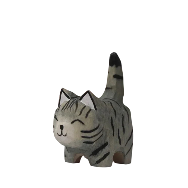 Holzfigur Katze handgeschnitzt 4,7 × 4 × 2,5 cm Lindenholz Dekoration für Tisch, Regal und Innenraum grau