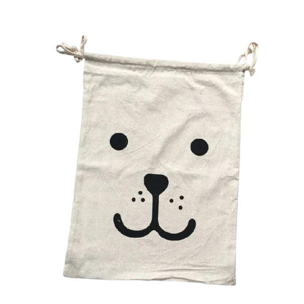 Linneduk för tvätt och leksaker med dragsnöre 45x61 cm bomull och lin beige väska med djurtryck för förvaring 1