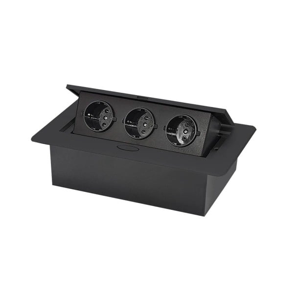 Udbudt stikkontaktpanel 3 EU stikkontakter 265×118×70 mm aluminium panel med udløserknap til indbygning i arbejdsbordet sort