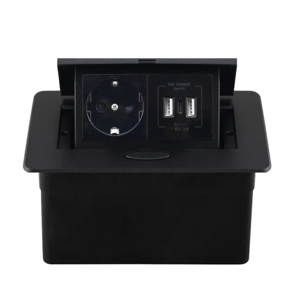 Infälld utdragbar kontakt 1× EU + 2× USB A + 1× USB C 153 × 117 mm aluminiumskydd 250 V med långsam utdragning för arbetsytor svart