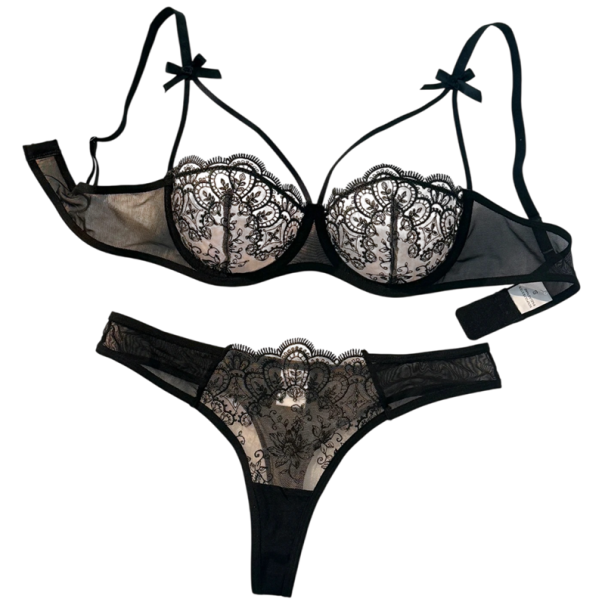 Damsk lace set bh och trosor med broderi och fin nät elastan polyester för vardagligt bruk svart S