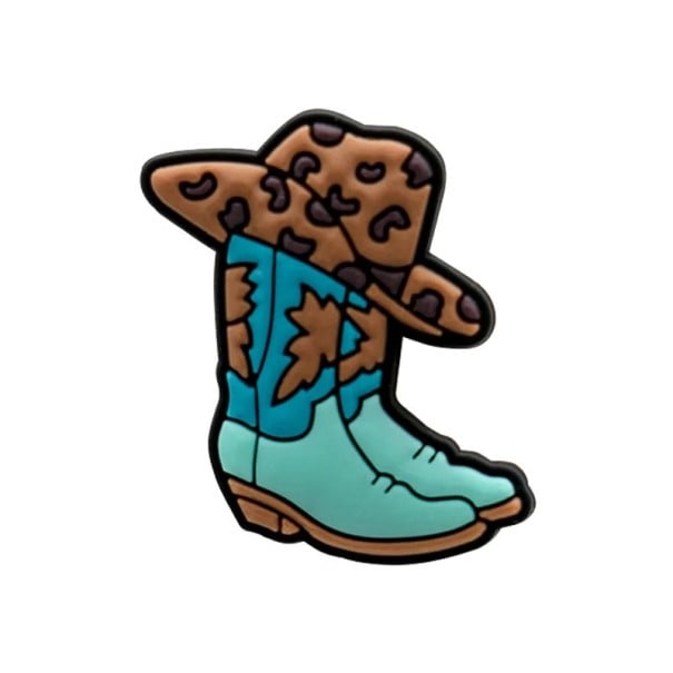 Dekorace na crocsy kovbojské boty s kloboukem 2–3 cm PVC tyrkysová hnědá leopardí vzor ozdoba do bot western doplněk crocs 1