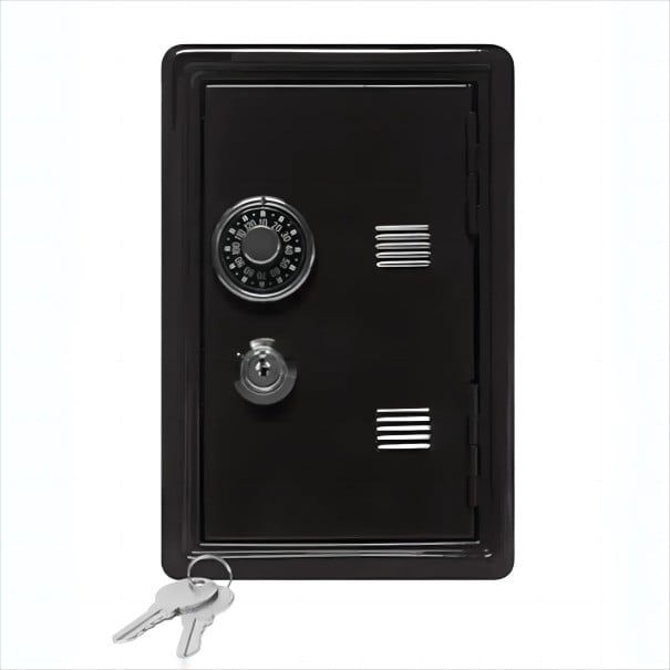 Mini seifillä avaimella ja pyörivällä numerosarjalla, 10×12×18 cm, ruostumaton metallikuori, kompakti arvotavaroiden säilytys musta