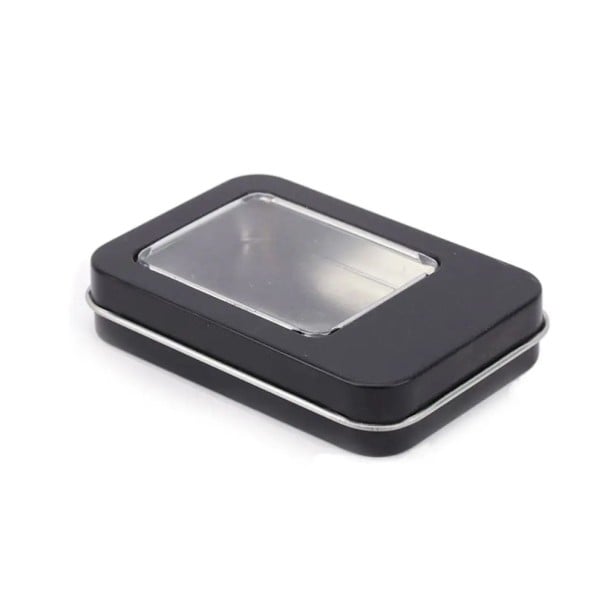 Plåt presentask 8,7 × 6 × 1,7 cm metallburk med delvis genomskinligt fönster färgad ask för småsaker svart