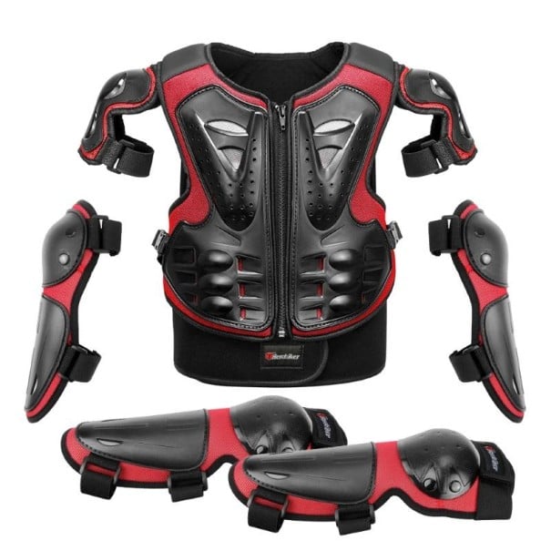 Children's Motorcycle Protectors Complete Set Ergonomic Vest 47 × 32 cm Elbows 27 cm Knees 32 cm for Riding red