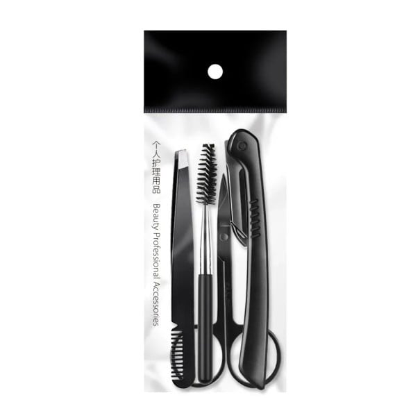 4-delt sæt til øjenbrynpleje saks pincet børste foldbar barberkniv sort kosmetik sæt til kvinder 6 x 15,5 cm 1