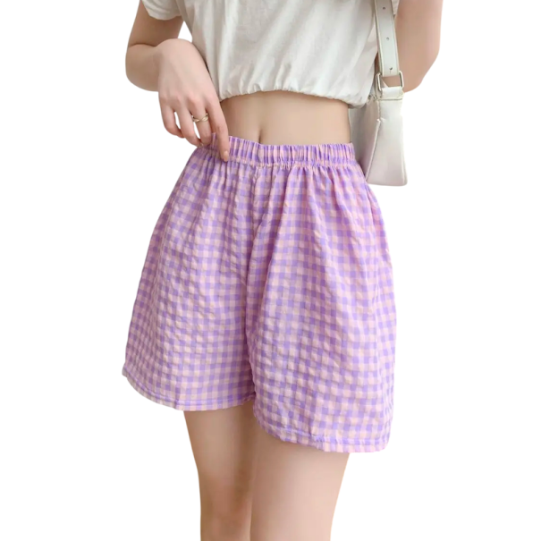 Damskjorts Hög midja Elastisk resår Löst snitt Bomull Polyester Enfärgad Rutigt Sommar bekväma shorts lila M