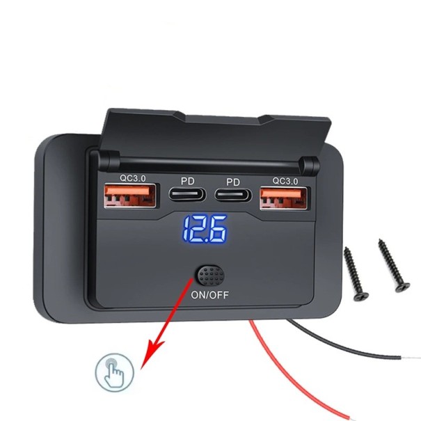 Bil laddare 4 portar 2× USB-C PD + 2× QC3.0 105W snabbladdning med strömbrytare och voltmeter 12-24V nylon svart för bil och husvagn 1