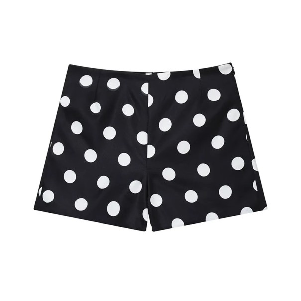 Damska svarta shorts med prickar hög midja och dold dragkedja på sidan eleganta shorts med vita prickar för sommaren M
