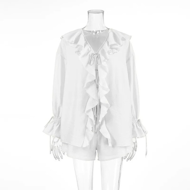 Dámský set halenka a kraťasy Halenka s volány a dlouhým rukávem Stahovací šňůrka v pase Polyester Dvoudílný letní komplet na běžné nošení bílá S