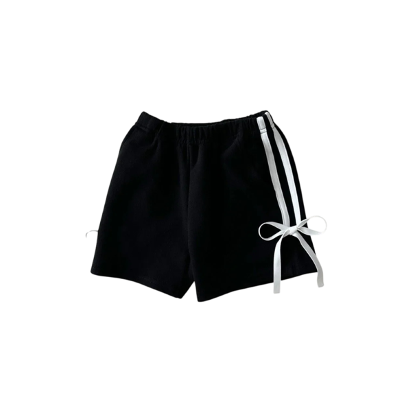 Calções de menina com laços nas laterais e riscas contrastantes, calções de algodão de verão para meninas com corte arejado preto 9-12 meses
