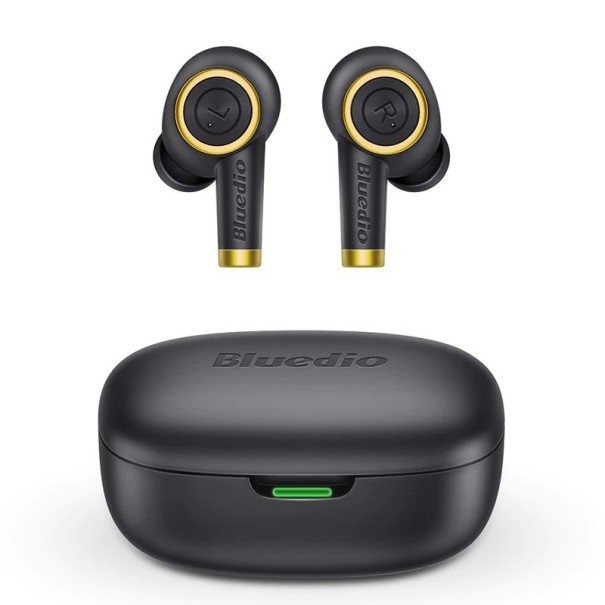 Trådlösa öronsnäckor med laddningsbox Bluetooth 5.0 Mikrofon för samtal Batteritid 6 timmar Musikstyrning Svart med guldiga detaljer 1