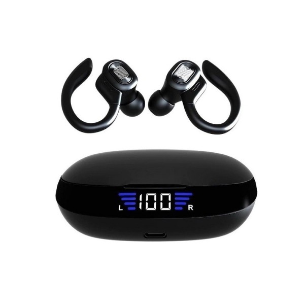 Trådlösa in-ear hörlurar med öronkrokar Bluetooth 5.0 Laddningslåda 2600 mAh med display och powerbankfunktion Frekvens 20 Hz till 20 kHz svart