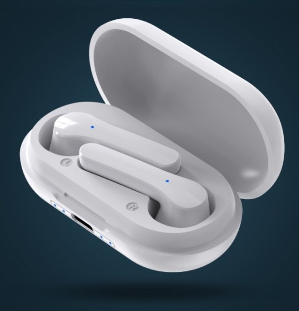 Trådlösa hörlurar för musik och samtal Bluetooth 5.0 med en räckvidd på 12 m Musik- och volymkontroll Laddningsbox 6 x 3 x 2,5 cm vit