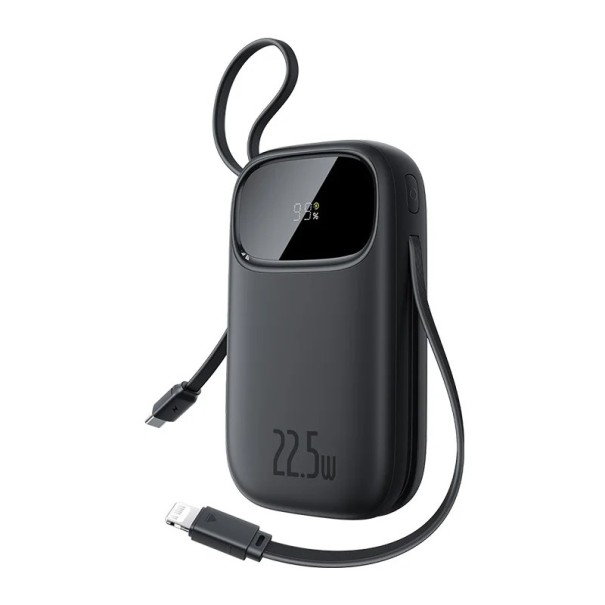 Kapacitetsbatteri med inbyggda kablar USB-C och Lightning 22,5 W 20000 mAh Skärm med laddningsstatus För telefon på semester och camping svart