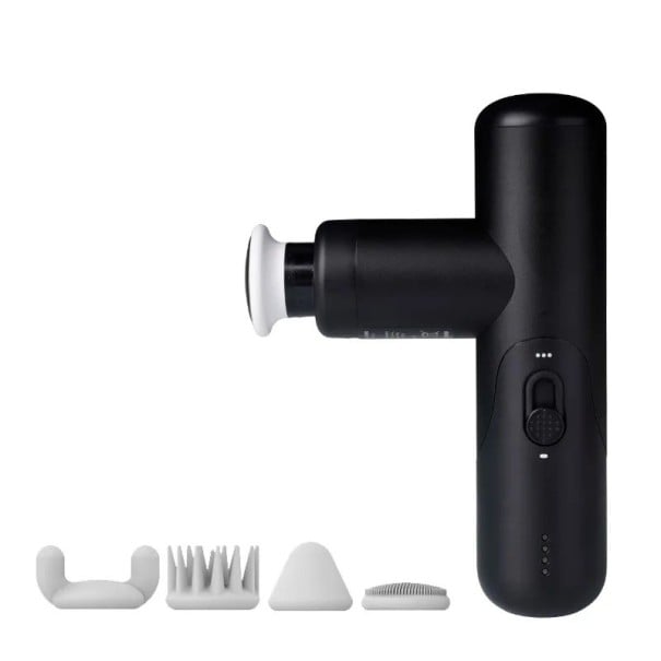 Mini masážní pistole Plynulá regulace 750 až 3000 ot./min Amplituda 7 mm Hmotnost 255 g Silikonové nástavce USB-C Na svaly i masáž hlavy černá