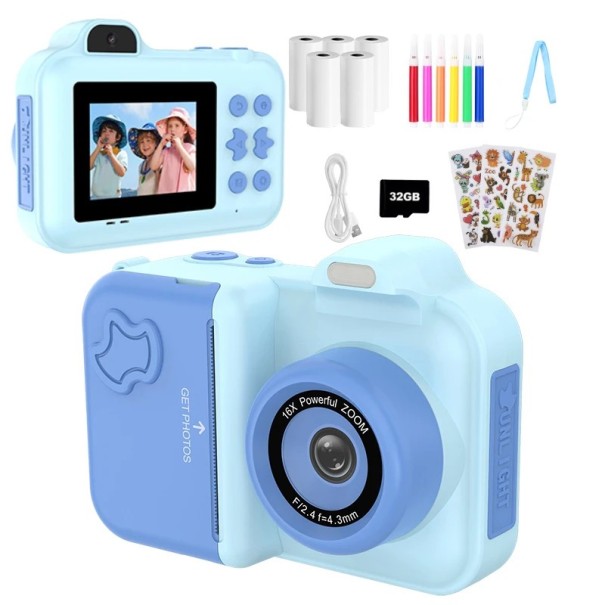 Barnpolaroid med svartvitt fotoutskrift 16x zoom blixt och video med 32 GB minneskort blå
