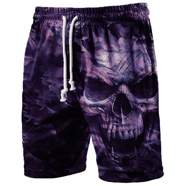 Barns badbyxor för pojkar med dödskalletryck på kamouflagebakgrund elastisk midja med snörning badshorts lös passform längd över knäna lila 12