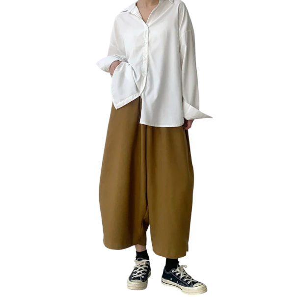 Dámske oversize nohavice s vysokým pásom na gumu a objemnými zaoblenými nohavicami v dĺžke nad členky doplnené prednými vreckami khaki XXL