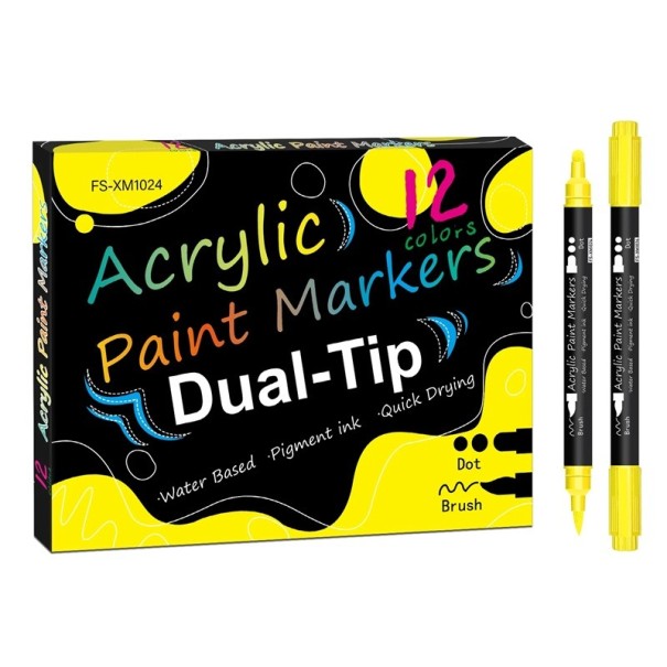 12er Set Acrylmarker zum Selbermalen, Doppelstift mit Pinsel und Punktspitze, für Steine, Holz, Stoff, Keramik und Leinwand 1