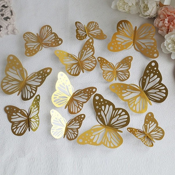 12er Set bunte Schmetterlinge für Torten Künstliche Dekoration Glitzereffekt 3 Größen Dekorationen für Geburtstage und Feiern golden