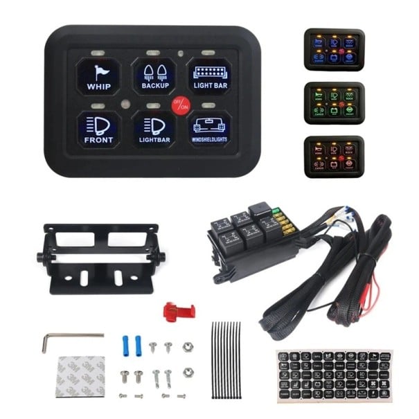 12V LED 6-przyciskowy panel przełączników 600W-1200W Dotykowy panel sterujący z przekaźnikiem i bezpiecznikiem 60A Kolorowe podświetlenie do łodzi 1