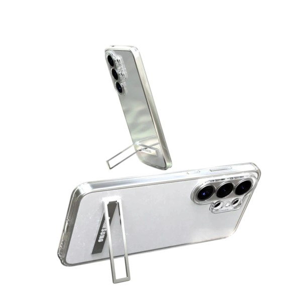 Genomskinligt skydd för Samsung Galaxy S24 FE med fällbart stativ Material TPU och metall Skyddande mobilskal S24 FE För videor och videosamtal silver