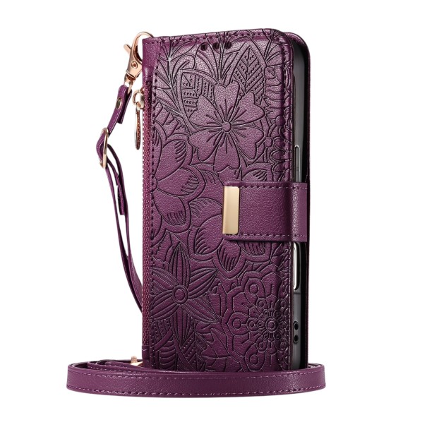 Fodral för Samsung Galaxy S25 FE Flipplånbok med dragkedja Crossbody rem upp till 142 cm Konstläder Kortfickor Handledsrem lila