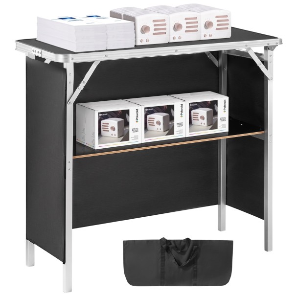 Fällbar bärbar bardisk med hylla och transportväska 97,5 x 38,5 x 87 cm Aluminiumram och MDF-skiva Svart Disk för mässor och evenemang 1