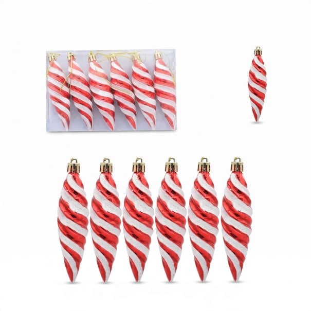 Sockerjulprydnader Spiralkaplar 6 st Med guldlock och ögla 11 x 3 cm Glänsande vridet mönster Röd-vit färg För julgranen 1