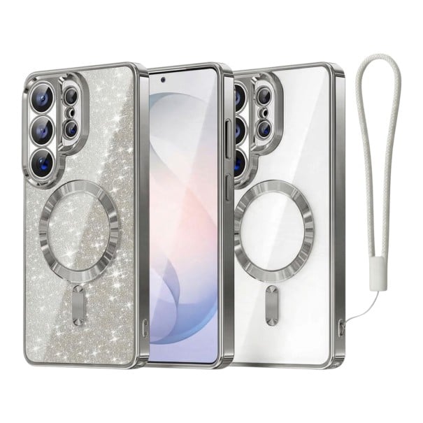 Mobilskal Samsung Galaxy S26+ Avtagbar glittrande panel Stöd för magnetisk laddning Plastfodral med handledsrem silver