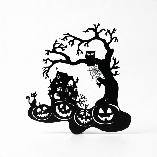 Halloweendekoration för dörrar Spökhus med pumpor och träd 28 x 30 cm Svart siluett Dekorativ skylt Inredning för entré och hem 1