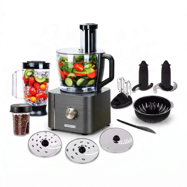 Köksmaskin TopStrong YYFP405 11 i 1 1100 W 3 hastigheter och pulsfunktion Skål 3,2 l och mixer 1,5 l Skärning och knådning För grönsaker och deg svart