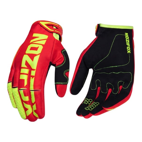 Motocross- och cykelhandskar med helfingerdesign och stor text på ovansidan samt quiltad handflata för terrängkörning och cykling röd M