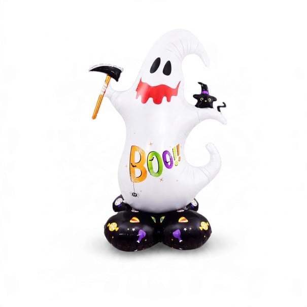 Uppblåsbar ande med texten Boo Stående ballong Halloweendekoration 82 x 120 cm Vit med svart bas Partyddekoration för Halloween 1