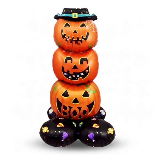 Uppblåsbar tre pumpor ovanpå varandra Stående ballong Halloweendekoration 56 x 102 cm Orange och svart med hatt Partydekoration för Halloween 1